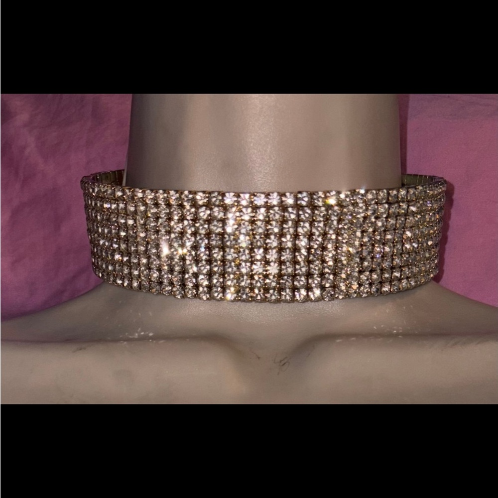8 row gold tone rhinestone choker